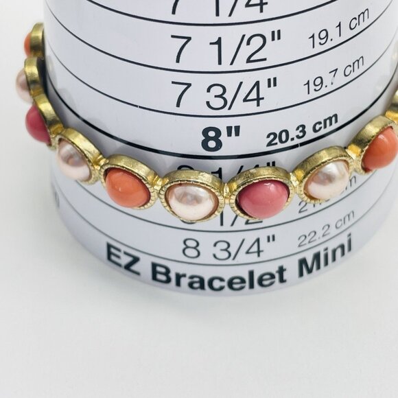 Beaded Bangle Bracelet Pink Cabochon Gold Tone Pearlescent Peach - Picture 4 of 6